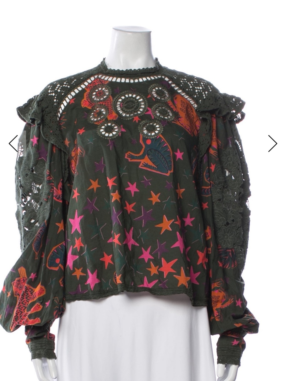 Olive Star & Floral Embroidered Crochet Sleeve Blouse